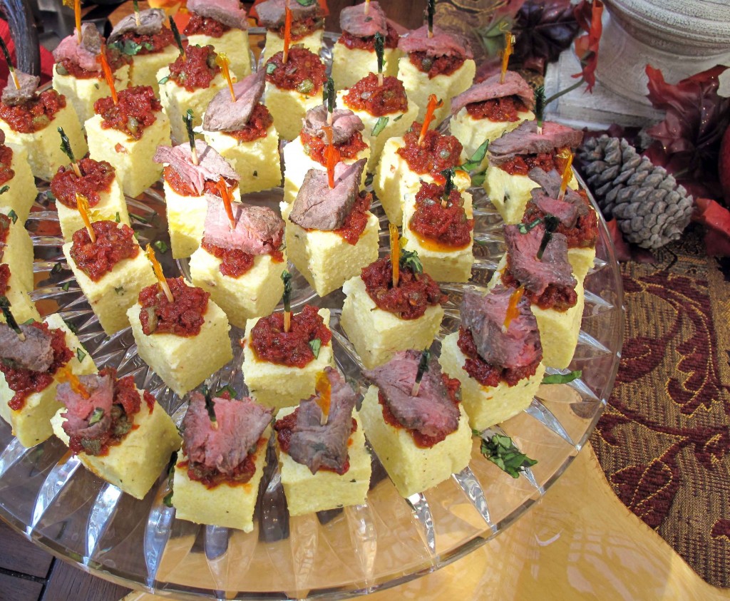 Polenta Squares Topped With Sun-Dried Tomato Pesto and Roasted Rib-Eye