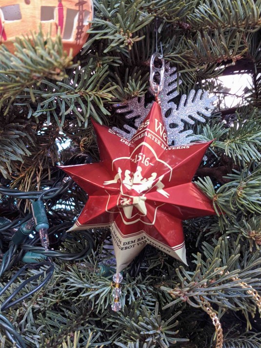 Beer Can Ornament on Unlit Tree